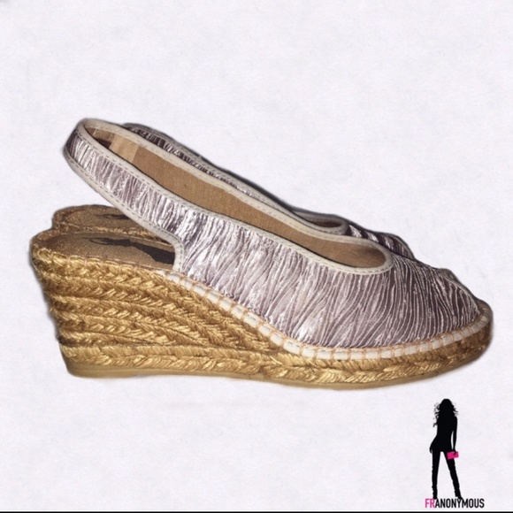 Silver Wedge Espadrille Sling Backs 7 - Picture 1 of 6